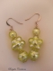 Boucles d'oreilles en perles de verre de murano authentique,stripes vert acide et feuilles d'argent,fleur de 15 mm,rondes de 8 et 10 mm,