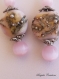 Boucles d'oreilles en perles de verre lampwork rose incrustées d'argent massif,perle ovale de 15 mm,perles yeux de chat rose pale,