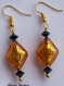 Boucles d'oreilles en perles de verre de murano authentiques topaze et gold foil et cristal autrichien noir,perle losange de 15 x 20 mm,