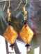 Boucles d'oreilles en perles de verre de murano authentiques topaze et gold foil et cristal autrichien noir,perle losange de 15 x 20 mm,