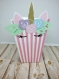 Boîte à popcorn rayures blanches et rose licorne pour candy bar, anniversaire, baby shower, anniversaire, baptême