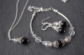 Black pearl jewelry set bridal necklace bridesmaid bracelet gift girlfriend swarovski crystals earrings black wedding gift for her women