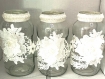 3 vases ou pots 834 recycles en verre boheme toile de jute et dentelle. fabrication artisanale