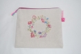 Trousse/ pochette de sac en lin - motif : couronne de fleurs