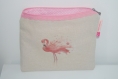 Trousse/ pochette de sac en lin - motif flamant rose