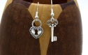 Boucles d'oreille coeur cadenas et sa clé, clips d'oreilles coeur et clé