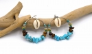 Créoles pierres  turquoise agate oeil de tigre et coquillages cauris, argentées 40mm, bijoux plage, bijoux été
