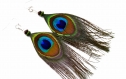 Boucles d'oreilles plumes de paon nhiòte, bijoux amérindiens, boucles oreilles ethniques, plumes naturelles création unique, ethnic feather