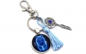 Porte-clés loup dream-catcher pompon bleu- chaîne porte-clés argent cabochon image loup bleu, plumes
