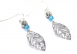 Boucles d'oreilles  argent feuilles cristal bleu , crochets oreilles feuilles perle tibétaine gravé et cristal ciel,bijoux bohème chics