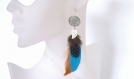 Boucles d'oreilles plumes mahala  - ethnic feather - plumes naturelles turquoise, marron et blanche