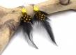 Boucle d'oreille plumes noires coeur jaune, bijoux plumes noires et jaunes