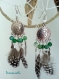 Boucle d'oreille chandelier argent antique plumes noires et blanches, agates naturelle rondes vertes - bijoux ethniques, amérindien