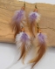 Longues boucles d'oreilles double plumes hateya- ethnic feather - plumes marron et parme,bijoux en plumes fait main