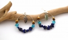 Créoles feuille argenté pierres naturelles lapis-lazuli et turquoise - boucles d'oreilles boho anneau argent - créoles en pierre semi