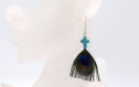 Boucle d'oreille plumes de paon perle en croix turquoise, bijoux en plumes de paon