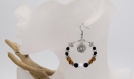 Créoles feng shui pierre naturelles et bois - boucles d'oreilles boho anneau argent - hoops en perles de lave noire et bois,