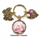B3.115 bijou femme papillon pivoine rose blanche porte-clés bijou fantaise bronze cabochon verre fleur d'asie chine japon japonaise (série 2)