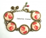 B3.720 bijou femme roses bracelet bijou fantaisie bronze 5 cabochons verre bleu turquoise bouquet fleurs roses anciennes rétro vintage (série 2)