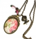 B3.782 bijou femme rose shabby chic collier pendentif bijou fantaisie bronze cabochon verre saint valentin lettre d'amour écriture lettre fleurs roses romantiques (série 8)