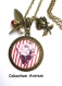 B3.816 bijou femme fleurs roses collier pendentif bijou fantaisie bronze cabochon verre rayée rayures marine marinière vintage rétro rouge 