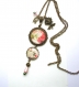 B3.881 bijou femme rose shabby chic collier pendentif bijou fantaisie bronze 2cabochons verre saint valentin lettre d'amour écriture lettre fleurs roses romantiques (série 14)