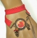 B3.1093 bijou femme pivoines rouge jaune bracelet filigrane biais tissu bijou fantaisie bronze cabochon verre fleurs d'asie asiatique chine chinoise japon japonaise (série 1) 