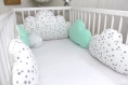Tour de lit bébé 60cm large, nuages, 5 coussins , blanc à étoiles grises, vert menthe