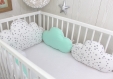 Tour de lit bébé 70cm large, nuages,  5 coussins , blanc à étoiles grises, vert menthe