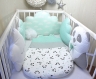 Tour de lit bébé en 60cm large, panda, nuage et étoile, vert d'eau blanc et gris