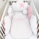 5 coussins pour tour de lit bébé 70cm large, réversible, nuages et hiboux, rose et blanc