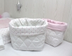 5 coussins pour tour de lit bébé 70cm large, réversible, nuages et hiboux, rose et blanc