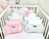 5 coussins pour tour de lit bébé 60cm large, réversible, nuages et hiboux, rose et blanc