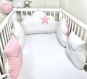 5 coussins pour tour de lit bébé 60cm large, réversible, nuages et hiboux, rose et blanc