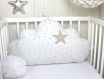 1 coussin nuage 70 cm large pour décoration chambre enfant, blanc à étoiles beiges