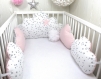 Tour de lit bébé 60cm large, nuages,  5 coussins, rose pâle et blanc à étoiles grises