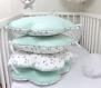 Tour de lit bébé 70cm large, nuages,  5 coussins, vert d'eau clair et blanc à étoiles grises