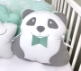 Coussin panda, blanc et gris, noeud vert d'eau à l'unité avec liens d'attache