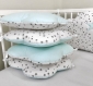 Tour de lit bébé 70cm large, nuages,  5 coussins, bleu celadon clair et blanc à étoiles grises