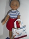 Vêtement de poupée (33cm):  marinière, jupe rouge, sac cabas