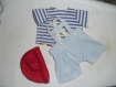 Vêtement de poupée (30cm):  tenue de bord de mer au petit bonnet rouge