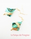 Bijoux kimono origami boucles d'oreilles pendantes crochet acier inoxydable doré papier turquoise et vert