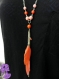 Boheme - collier sautoir chaîne argentée perles et pompon de chaînes et plumes coloris corail ou turquoise ou violet