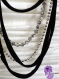 Mixtape - collier sautoir chaîne argentée, perles et bande de tissu jersey noir
