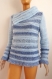 Pull tunique bleu rayé tricot fait main large col asymétrique taille 40/42