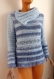 Pull tunique bleu rayé tricot fait main large col asymétrique taille 40/42