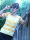 Pull tricot fait maison cousu main, jaune rayé en coton manches