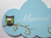 Plaque de porte enfant nuage bois bleu turquoise, hibou et niche à oiseaux, décoration murale 