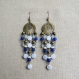 N°2 - boucles d'oreilles longues bronze, bleu et blanc - perles acryliques et perles de verre