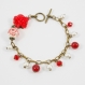 Bracelet breloques cabochon fleur rouge en métal bronze 